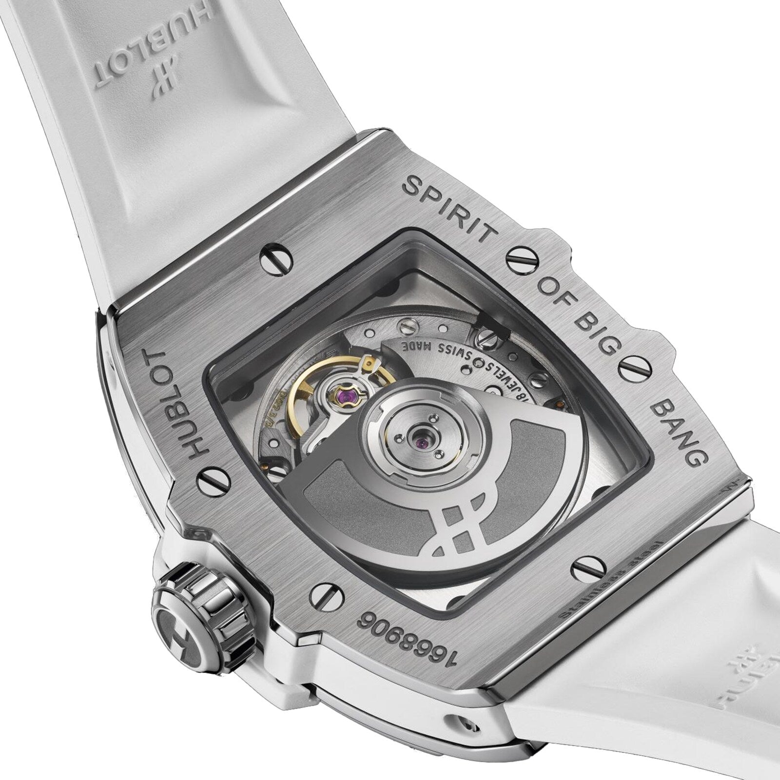 Close-up of the back of a Hublot Spirit Of Big Bang Steel White Diamonds watch, highlighting its self-winding movement through a transparent case back and featuring a white strap.