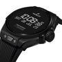 Close-up of the Hublot Big Bang E Gen3 Black Magic, a black digital smartwatch from the Big Bang collection, displaying time, date, power reserve, and more with advanced smart technology on its screen.