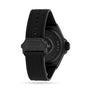 Back view of the Hublot Big Bang E Gen3 Black Magic, featuring a black rubber strap, clasp, and watch case with visible screws and engraved text.