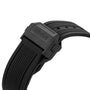 Close-up of a black Hublot Big Bang E Gen3 Black Magic watch strap with textured lines and a clasp displaying the Hublot logo, inspired by the iconic Big Bang collection.
