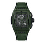 The Hublot Spirit of Big Bang Dark Green Ceramic features a rectangular case, ribbed strap, skeletonized movement, and the innovative HUB4700 caliber for outstanding mechanical performance.