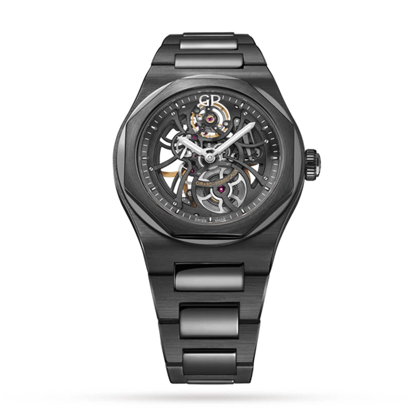 The Girard-Perregaux Laureato Skeleton is a black ceramic wristwatch with a skeleton dial showcasing exposed gears and a metal link bracelet, shown upright on a white background.