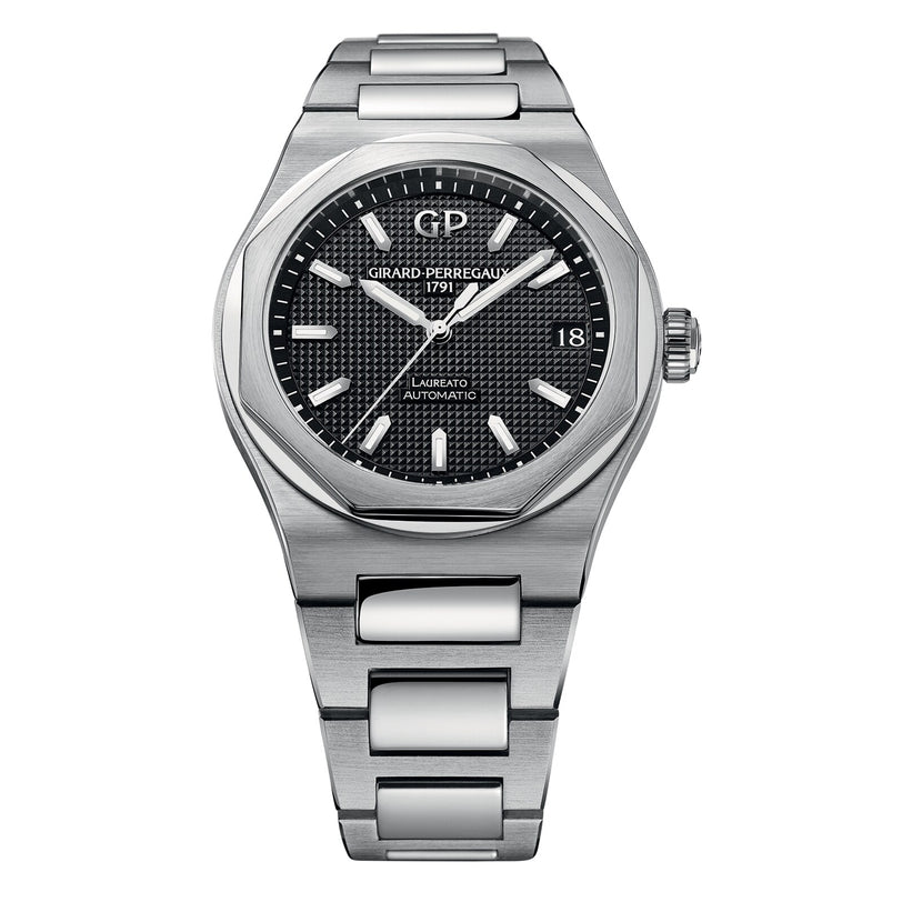 The Girard-Perregaux Laureato 42 features a 42mm stainless steel case, octagonal bezel, black textured dial with silver hour markers, a date window at 3 o’clock, and a sleek link bracelet.