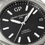 Close-up of a Girard-Perregaux Laureato 42 watch face at 1:52:26, showing its octagonal bezel, textured black dial, silver hour markers, and 42mm stainless steel case.