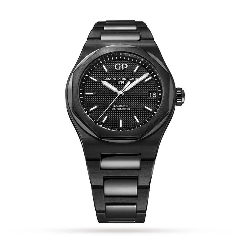 A Girard-Perregaux Laureato 42 wristwatch with a black textured dial, silver hands, octagonal bezel, date at 3 o’clock, and stainless steel bracelet is displayed on a white background.