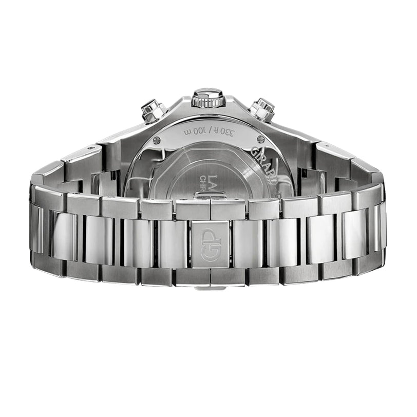 Back view of the Girard-Perregaux Laureato Chronograph 42, featuring a 904L steel case, metal bracelet, visible clasp, and engraved markings on the case back.