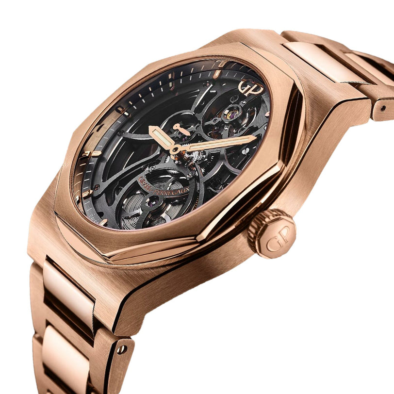 The Girard-Perregaux Laureato Skeleton is a pink gold wristwatch with an octagonal bezel, skeleton dial displaying visible gears, and a matching pink gold metal bracelet.