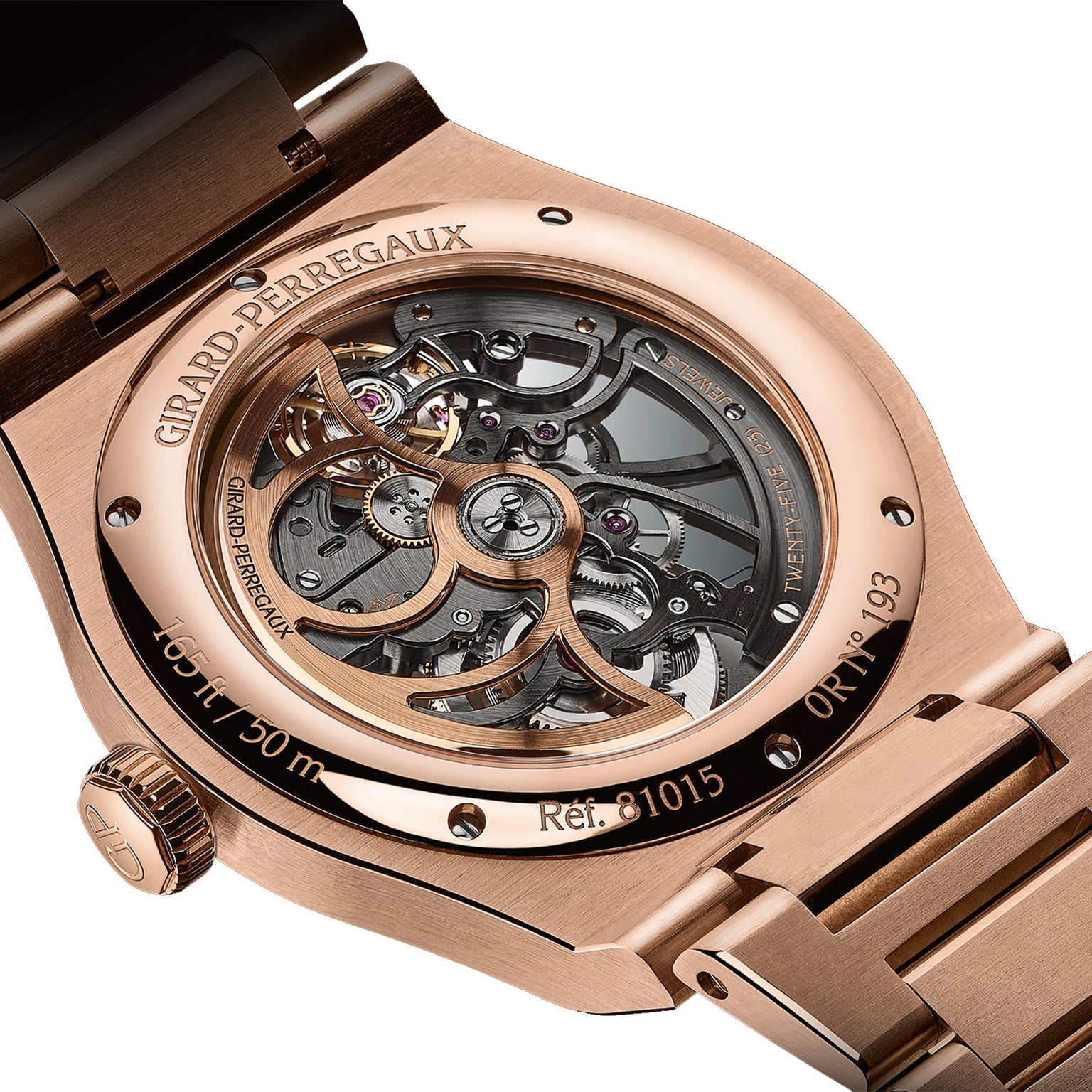 Close-up of the Girard-Perregaux Laureato Skeleton, featuring its open-worked mechanical movement visible through a transparent caseback and the signature octagonal bezel.