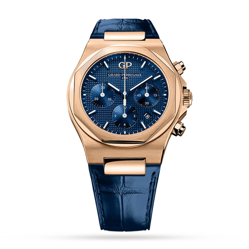 The Girard-Perregaux Laureato Chronograph 42 features a gold case, blue textured dial with three sub-dials, and a blue leather strap, all displayed on a white background to showcase its refined design and striking presence.