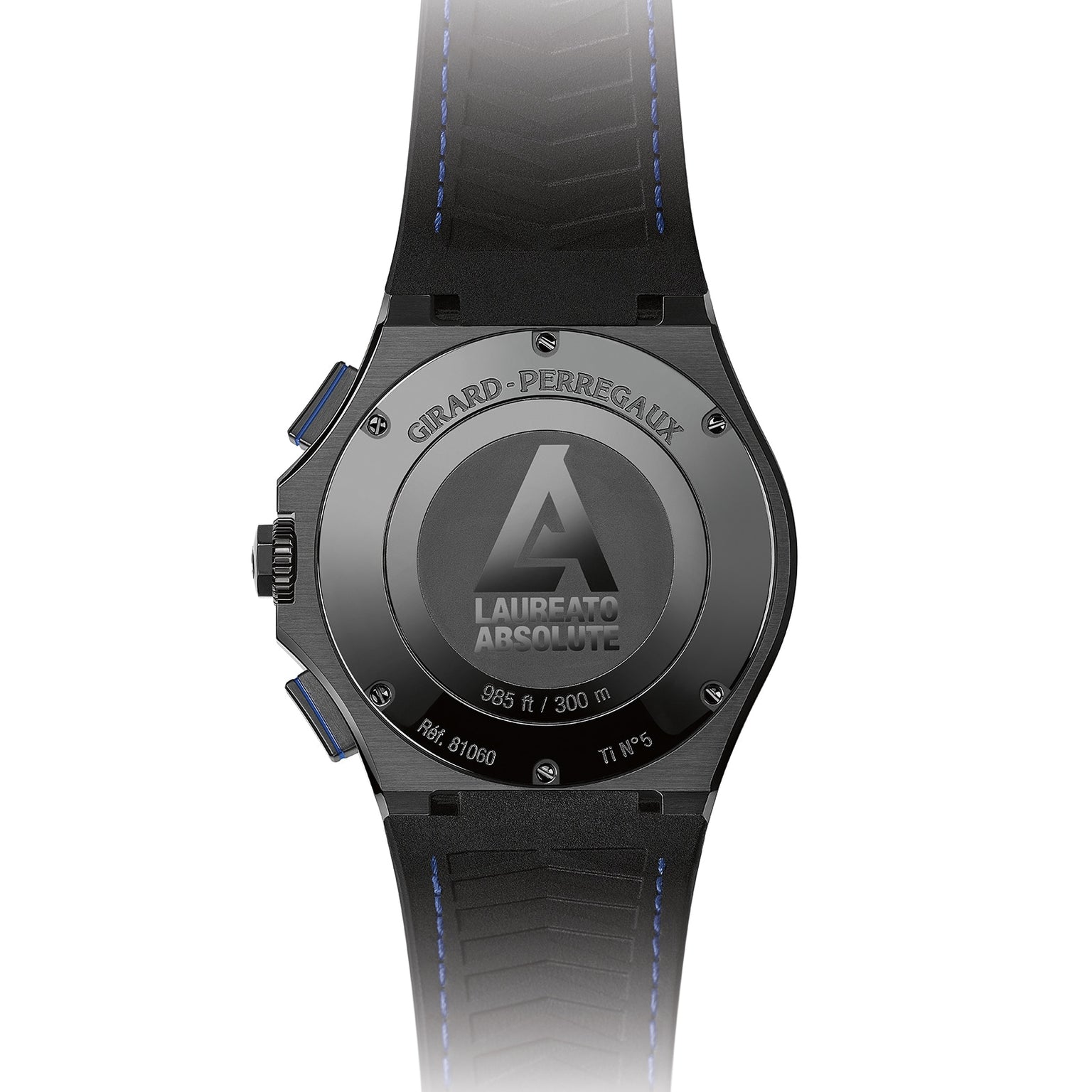 The Girard-Perregaux Laureato Absolute Chronograph showcases an engraved caseback, a blue-stitched black strap, and a durable black PVD-treated titanium case.