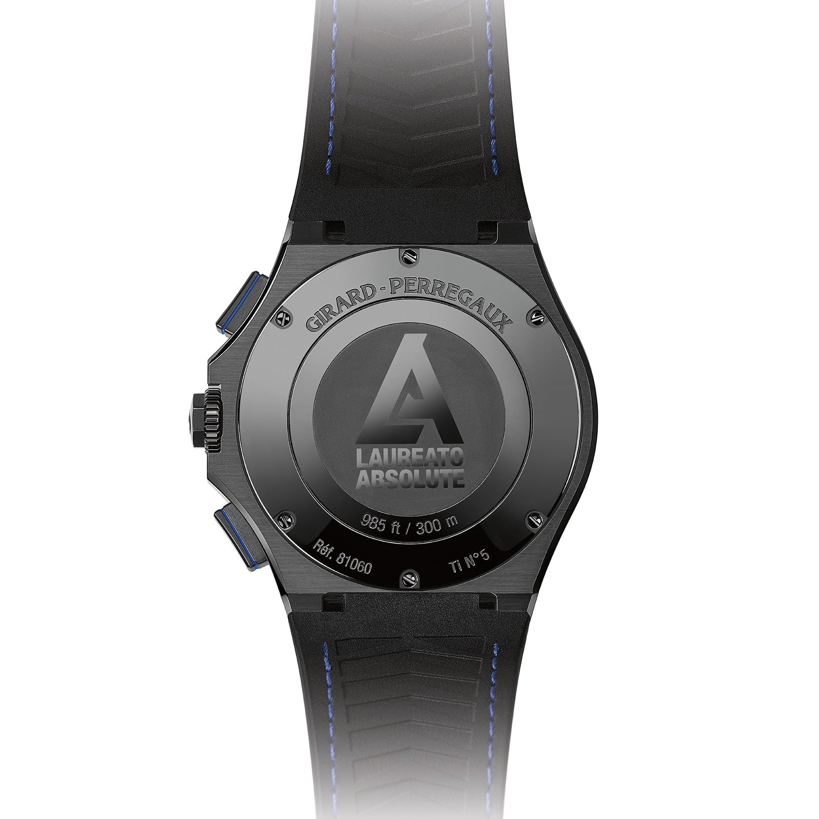 The Girard-Perregaux Laureato Absolute Chronograph showcases an engraved caseback, a blue-stitched black strap, and a durable black PVD-treated titanium case.