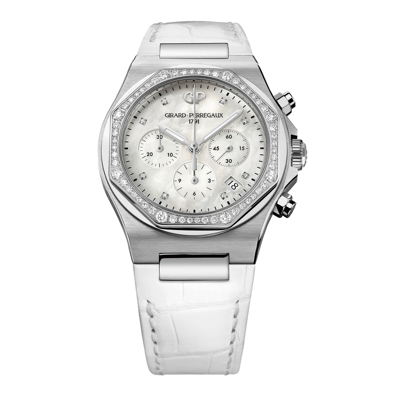 The Girard-Perregaux Laureato Chronograph 38 features a silver-tone octagonal bezel, diamond accents, mother-of-pearl dial with three subdials, date window, and a white leather strap.