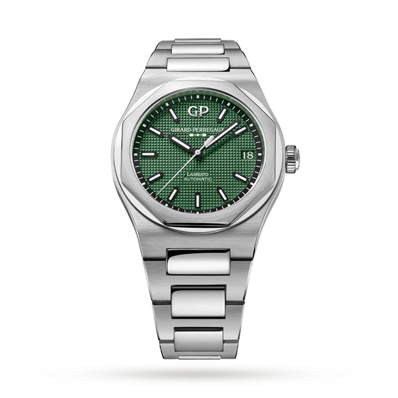 The Girard-Perregaux Laureato 42 is a stainless steel watch with a Sunray Green dial, silver markers and hands, date at 3 o’clock, metal bracelet, and automatic movement.