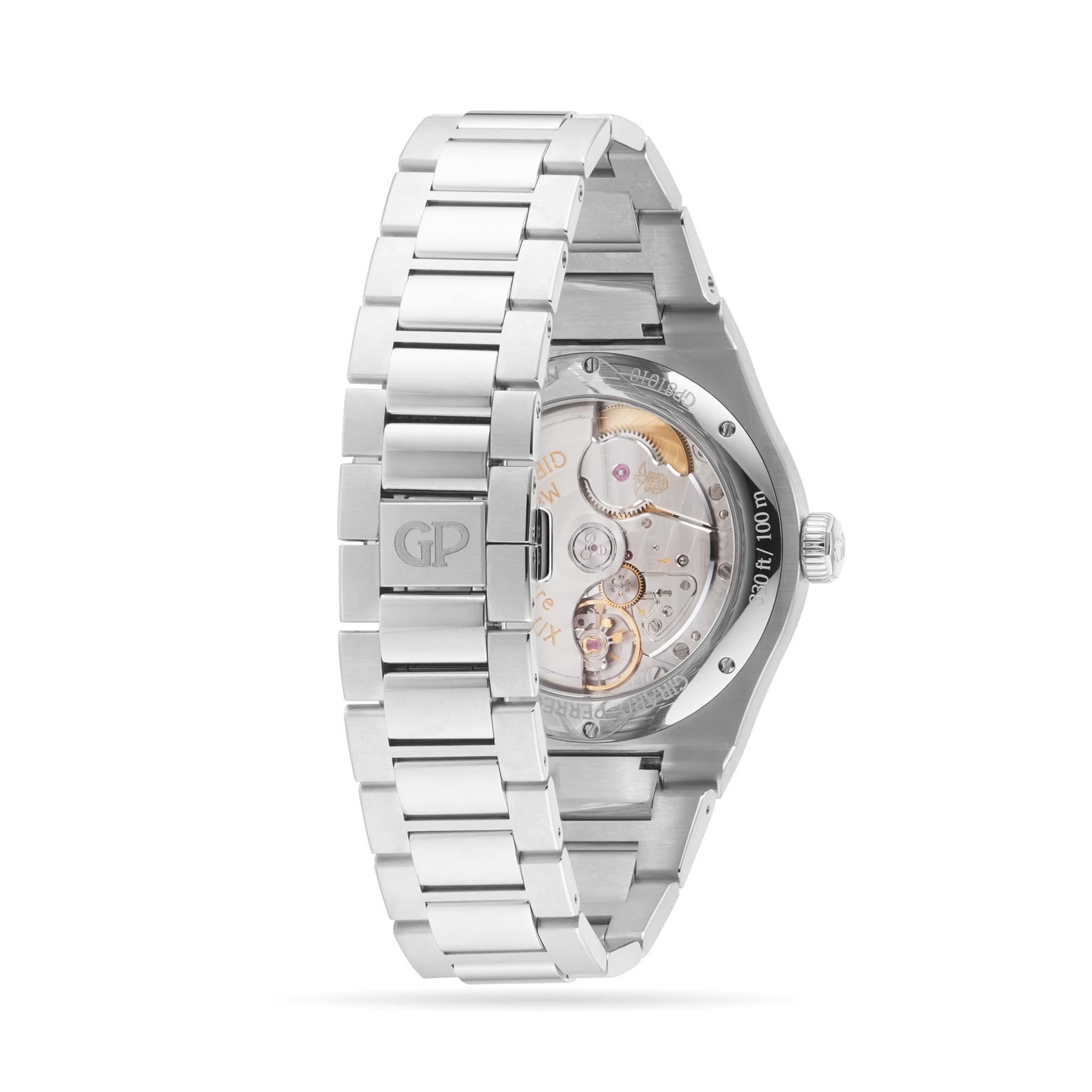 The Laureato 42 by Girard-Perregaux is a stainless steel watch with a Sunray Green dial and a transparent case back that displays its automatic movement.