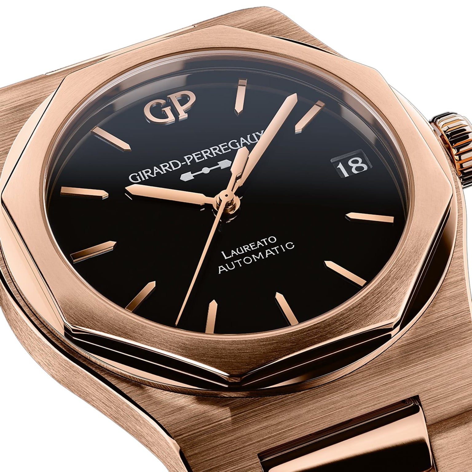 Close-up of the Girard-Perregaux Laureato 42 wristwatch with an octagonal bezel, black dial, pink gold hands and markers, and a date window showing the 18th—a refined evolution of the Laureato Chronograph style.
