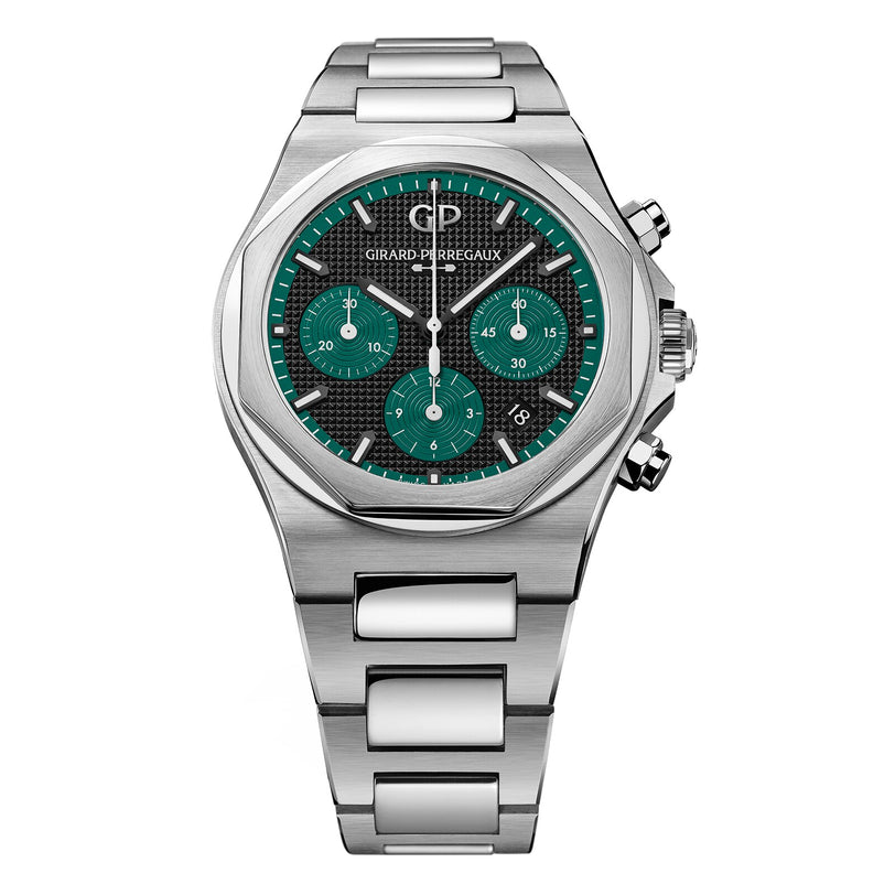 The Girard-Perregaux Laureato Chronograph 42 is a stainless steel wristwatch featuring a black and teal dial with three subdials and a metal bracelet.