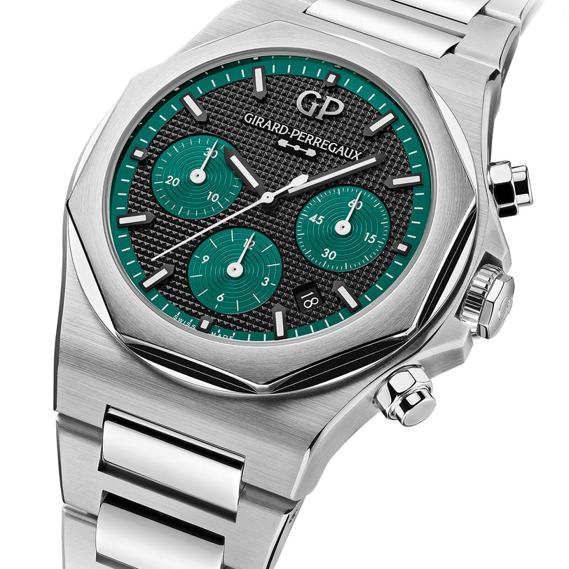 The Girard-Perregaux Laureato Chronograph 42 features a silver stainless steel bracelet and a green and black chronograph dial.