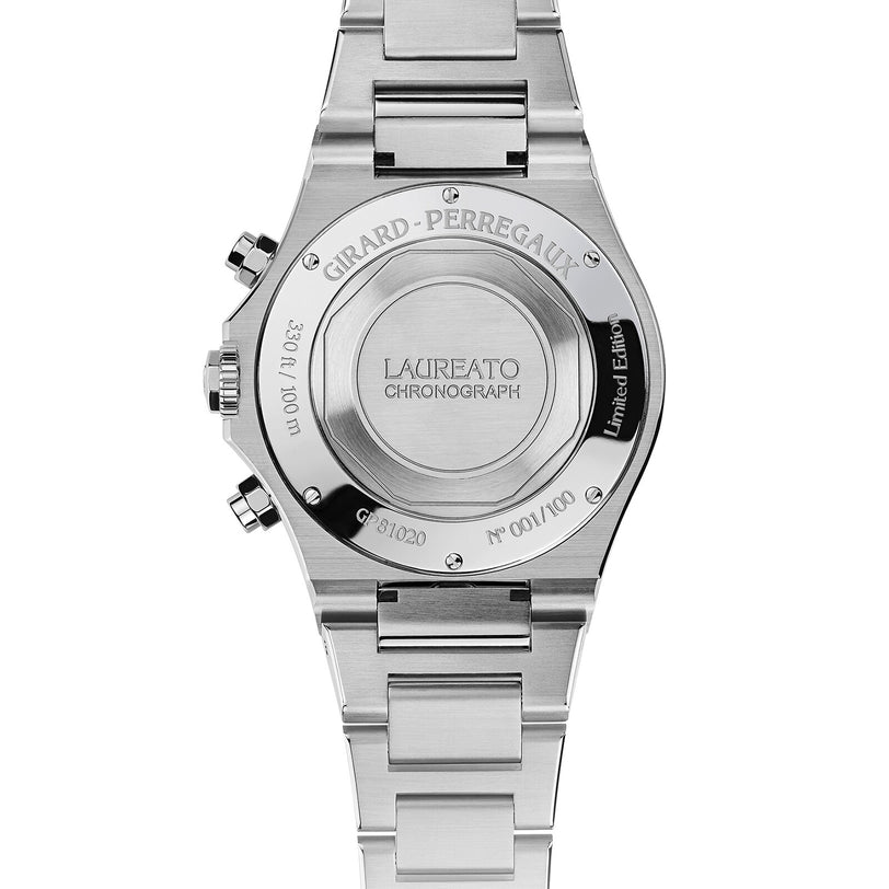 Back view of the Girard-Perregaux Laureato Chronograph 42 stainless steel watch.