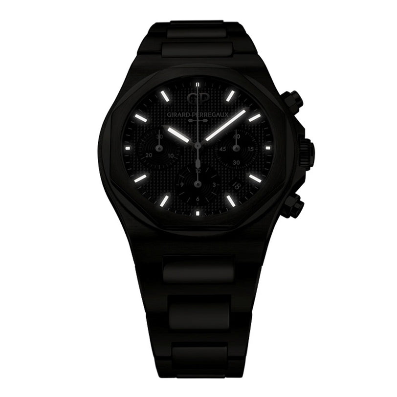 The Girard-Perregaux Laureato Chronograph Ti49 features a dark dial, luminous markers and hands, and a Grade 5 titanium link band, displayed against a white background.