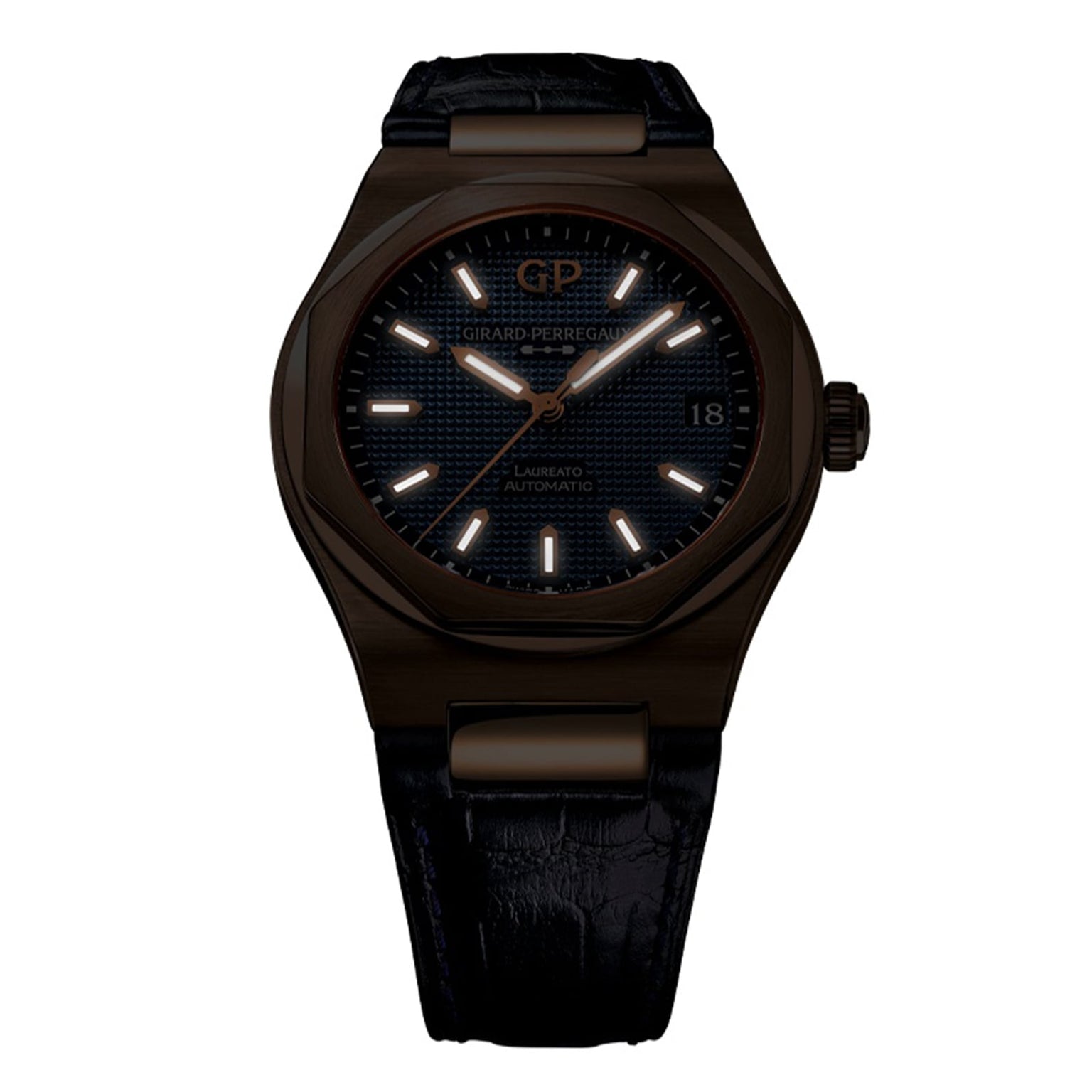 A Girard-Perregaux Laureato 42 with a black textured dial, luminous hour markers, and a black leather strap is displayed on a white background, highlighting the sophistication of the Laureato Pink Gold case collection.