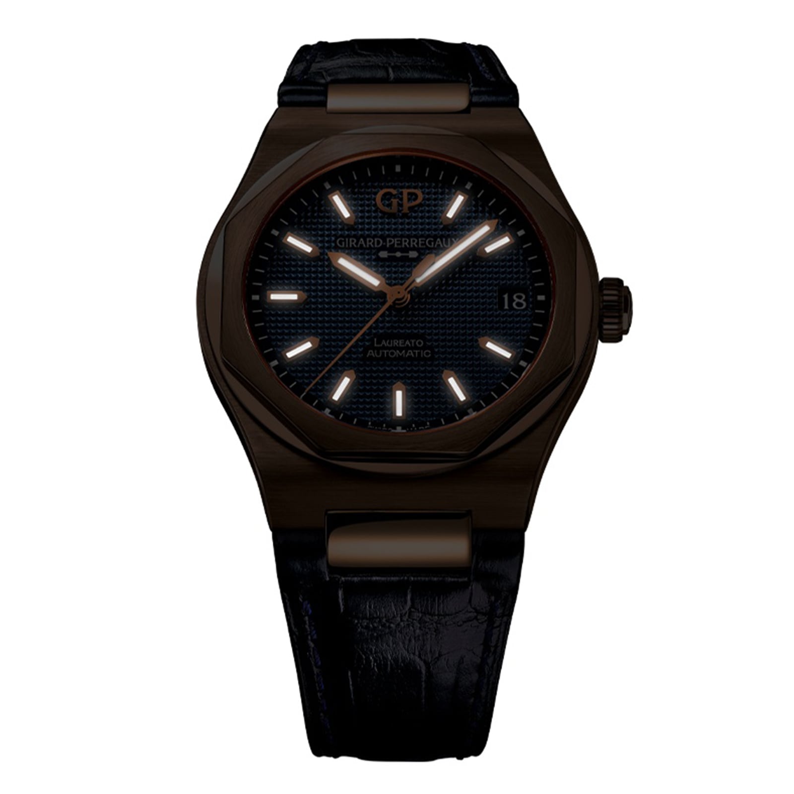 A Girard-Perregaux Laureato 42 with a black textured dial, luminous hour markers, and a black leather strap is displayed on a white background, highlighting the sophistication of the Laureato Pink Gold case collection.