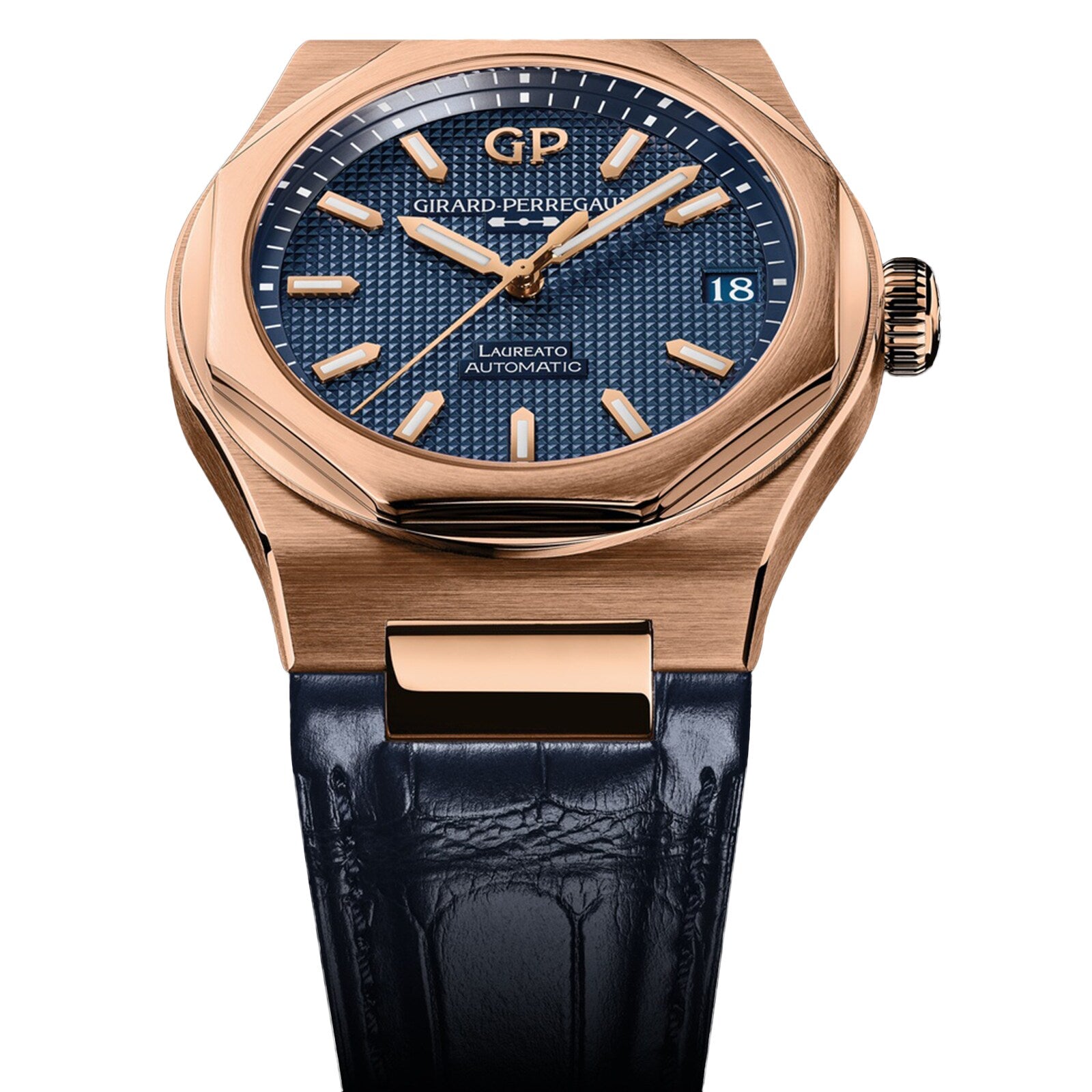 The Girard-Perregaux Laureato 42 features an ultramarine blue textured dial, pink gold case, gold hour markers, a date window at 3 o’clock, and a black leather strap.