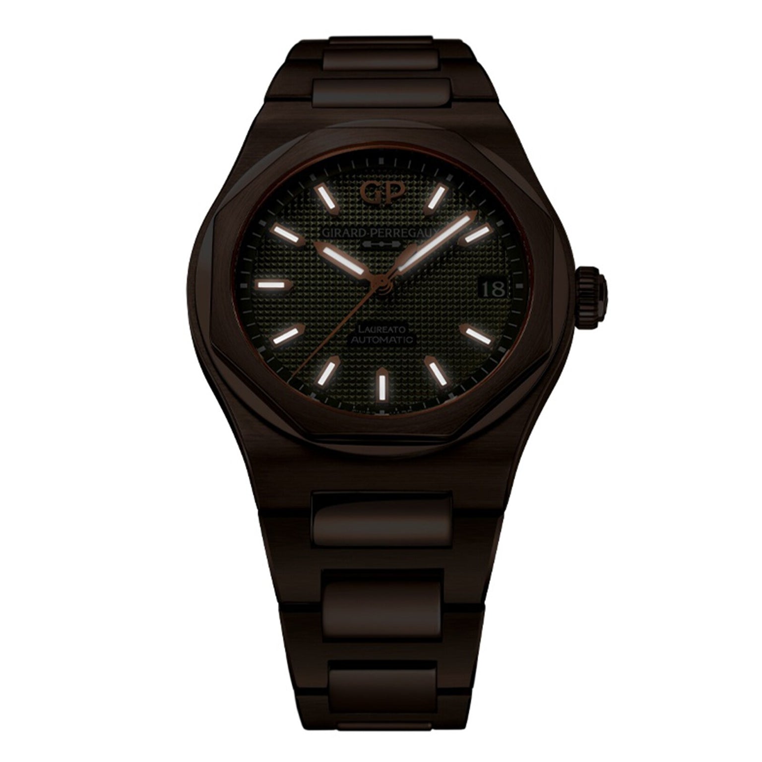 The Girard-Perregaux Laureato 42, a dark metal wristwatch with a round face, luminous hour markers, date at 3 o’clock, and link bracelet, is shown on a white background.