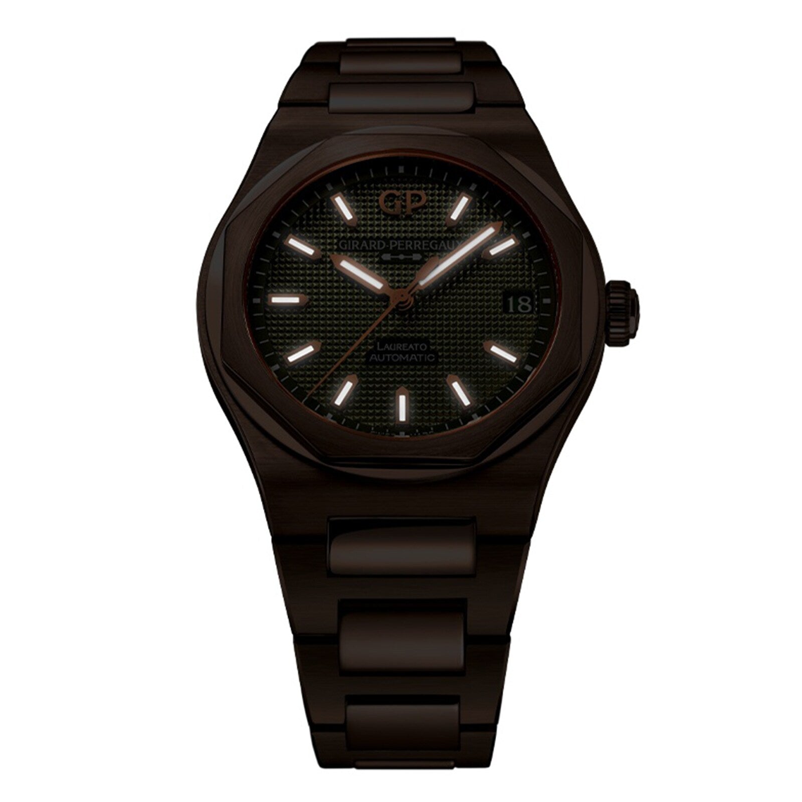 The Girard-Perregaux Laureato 42, a dark metal wristwatch with a round face, luminous hour markers, date at 3 o’clock, and link bracelet, is shown on a white background.