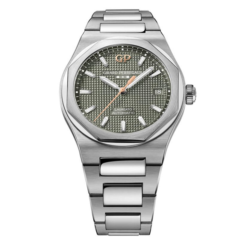 The Girard-Perregaux Laureato 38 is a silver wristwatch featuring a textured green dial and a matching metal bracelet.