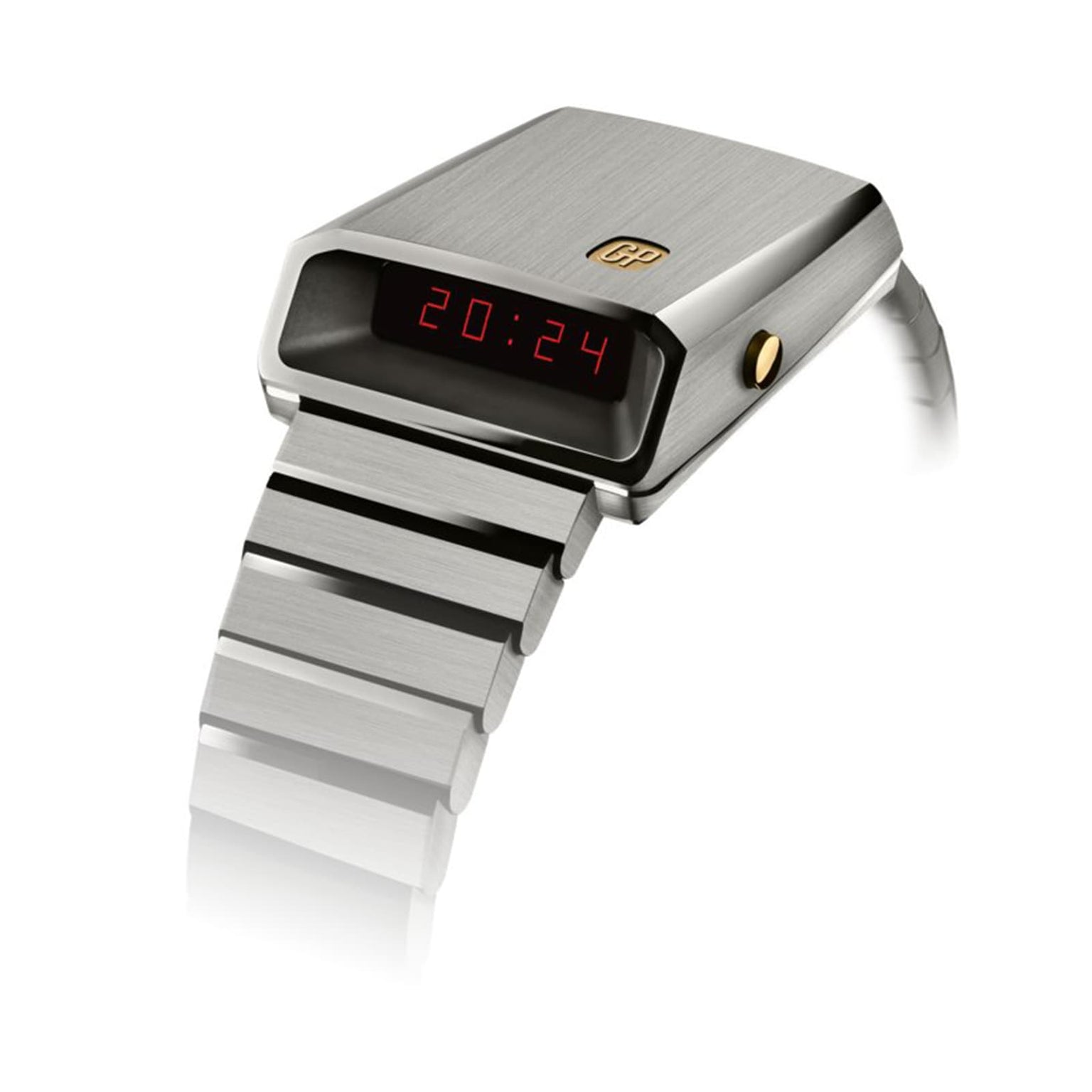 The Girard-Perregaux Casquette 2.0 Titanium & Gold features a digital red LED display showing 20:24, set against a white background.