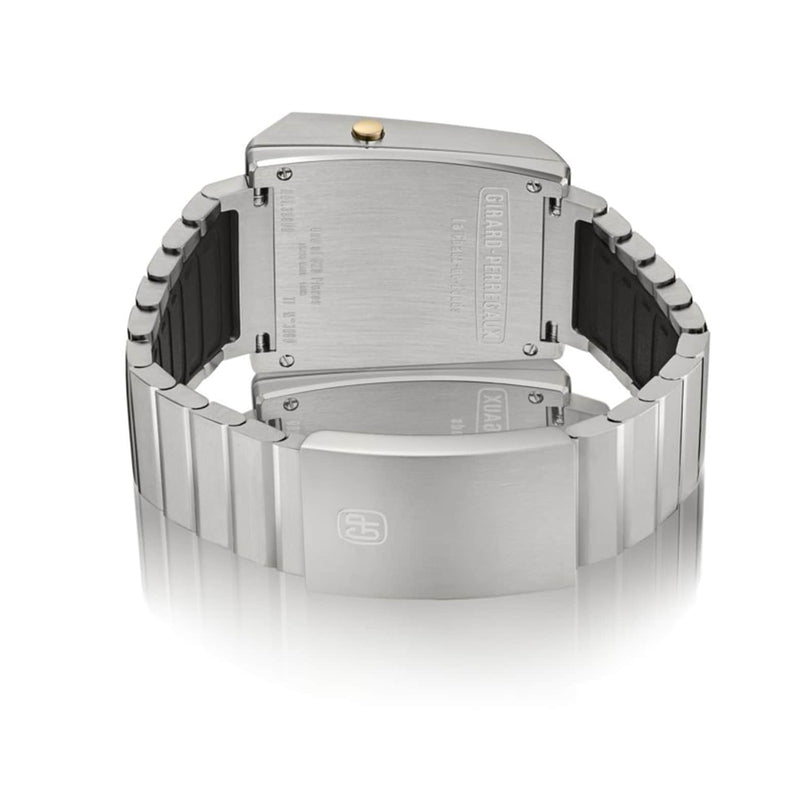 Back view of the Girard-Perregaux Casquette 2.0 Titanium & Gold, featuring a metal bracelet with clasp and engraved brand markings on the case and links.