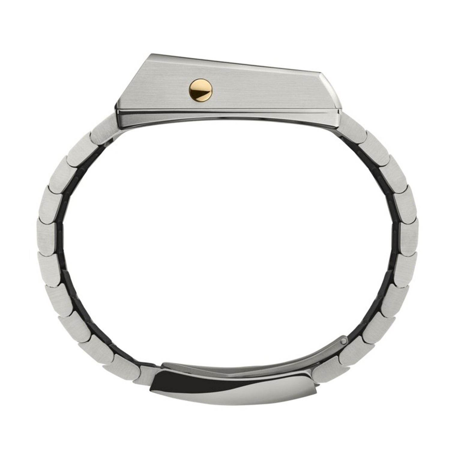The Girard-Perregaux Casquette 2.0 Titanium & Gold features a geometric, rectangular titanium case and round linked band, displayed from the side to emphasize its slim profile and distinctive design.