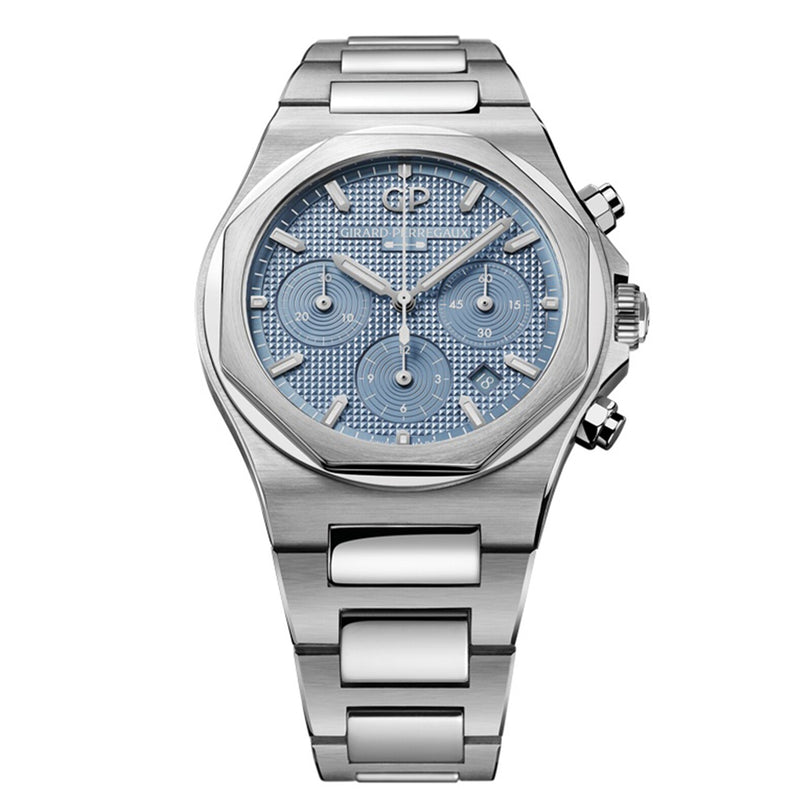 The Girard-Perregaux Laureato Chronograph Ice Blue is a stainless steel wristwatch with an Ice Blue textured Clous de Paris dial, three sub-dials, and a matching metal bracelet.