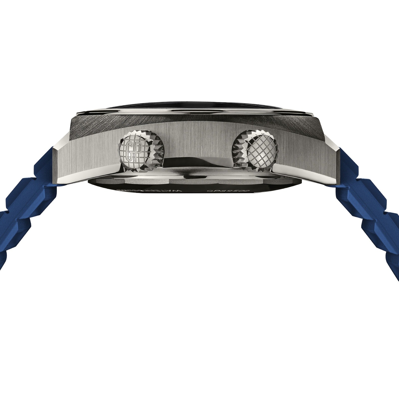 Side view of the Girard-Perregaux Deep Diver showing its silver case, two textured crowns, and blue strap.
