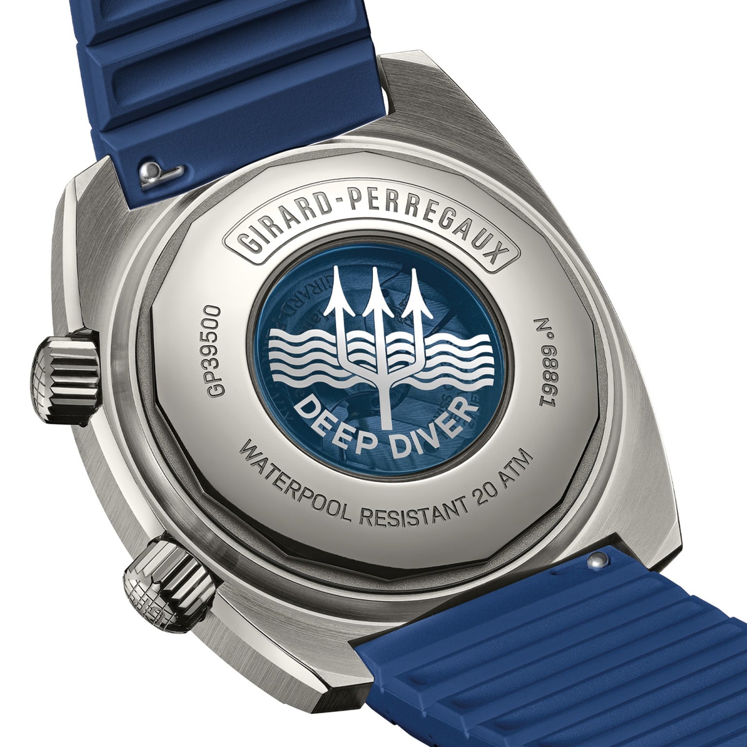 Back of Girard-Perregaux Deep Diver watch featuring a blue strap and an engraved logo on the caseback.