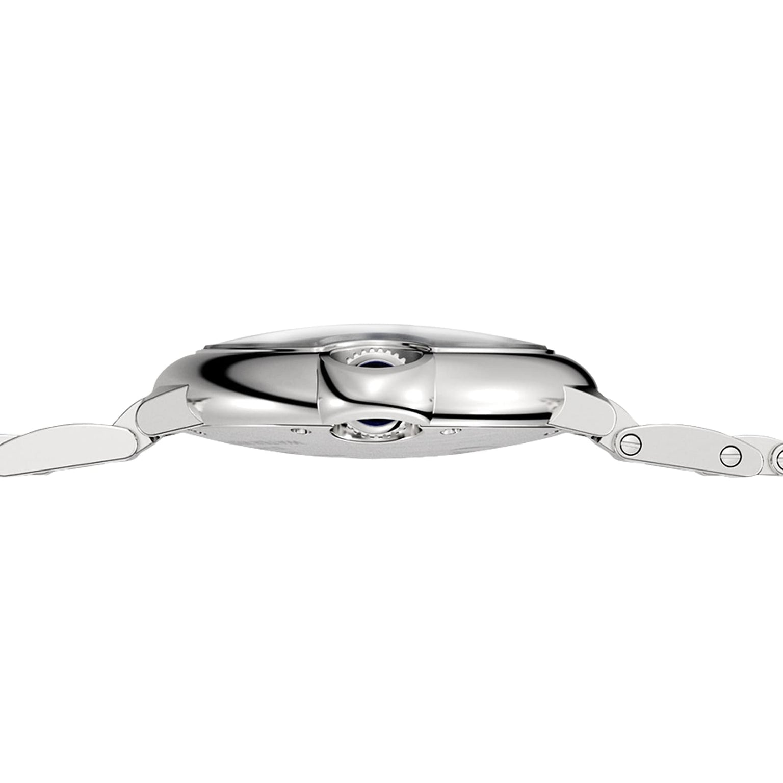 Side view of the Cartier Ballon Bleu de Cartier wristwatch featuring a silver metal band, rounded case, sapphire cabochon-set crown, and self-winding mechanical movement.