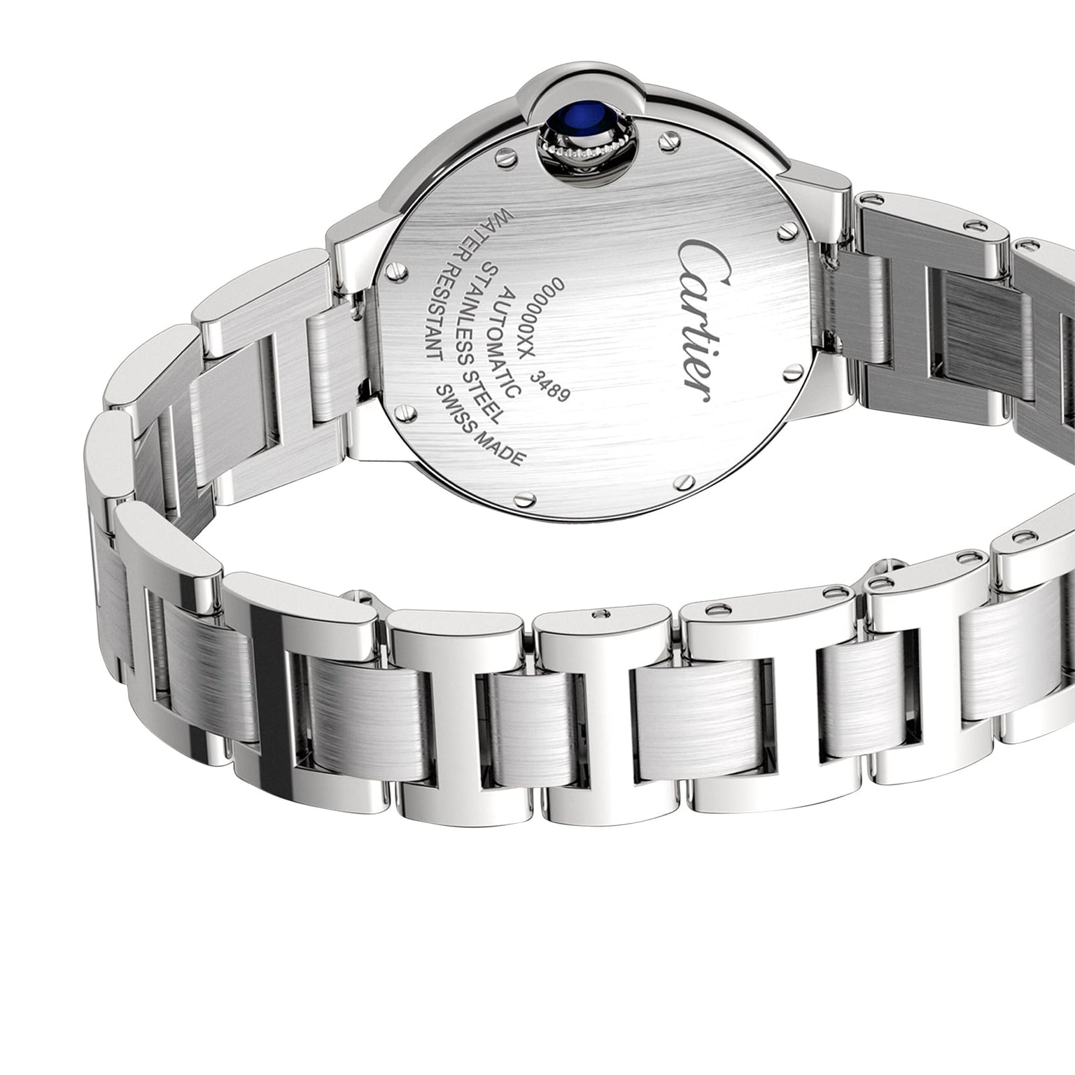 Back view of the Ballon Bleu de Cartier watch by Cartier, featuring engraved details and a blue gemstone set on the crown.