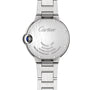 Back view of the Cartier Ballon Bleu de Cartier watch in stainless steel, showcasing engraved brand details, specifications, and a signature sapphire cabochon crown on the side.