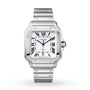 The Santos de Cartier by Cartier is a stainless steel wristwatch featuring Roman numeral markers, blue hands, a date window at 6 o’clock, visible-screw metal bracelet, and a self-winding movement inspired by aviation heritage.