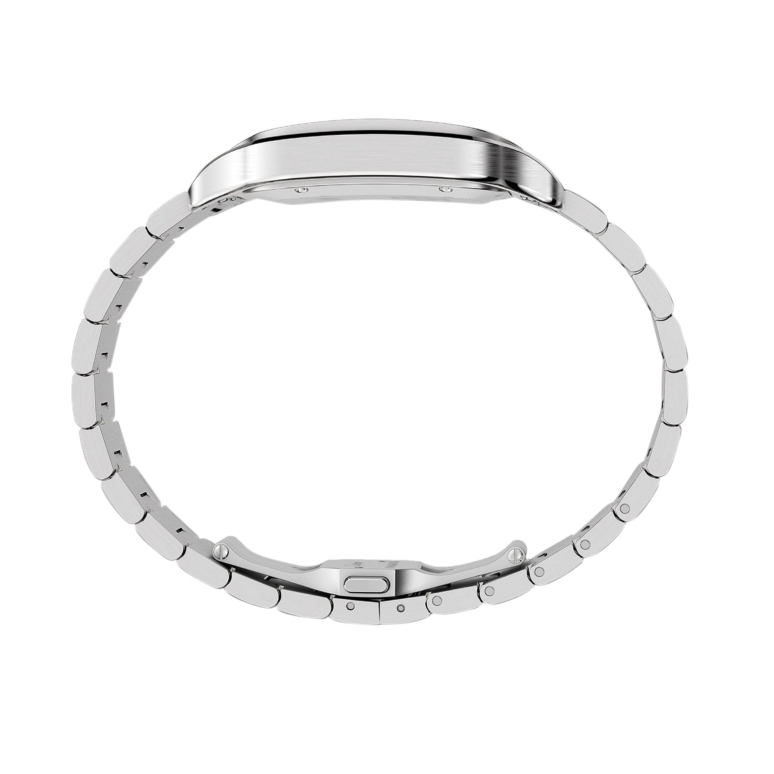 Side view of the Santos de Cartier by Cartier, a silver metal wristwatch with a linked bracelet and clasp, highlighting its slim profile, minimalist design inspired by aviation heritage, and self-winding mechanical movement on a white background.