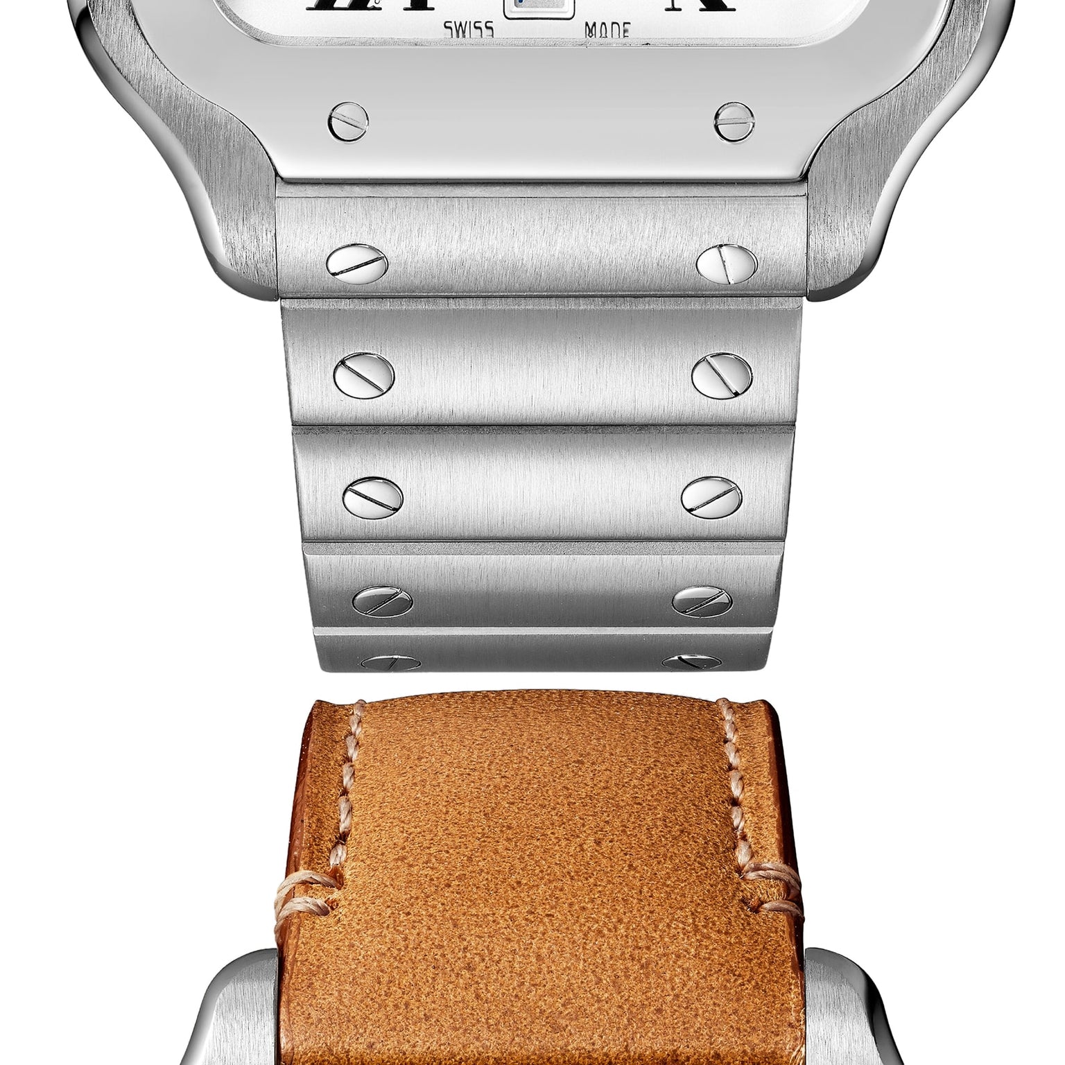 Close-up of the Santos de Cartier by Cartier, highlighting its brushed metal bracelet with visible screws and a brown leather strap with white stitching below, capturing the watchs iconic aviation-inspired design and self-winding mechanical movement.
