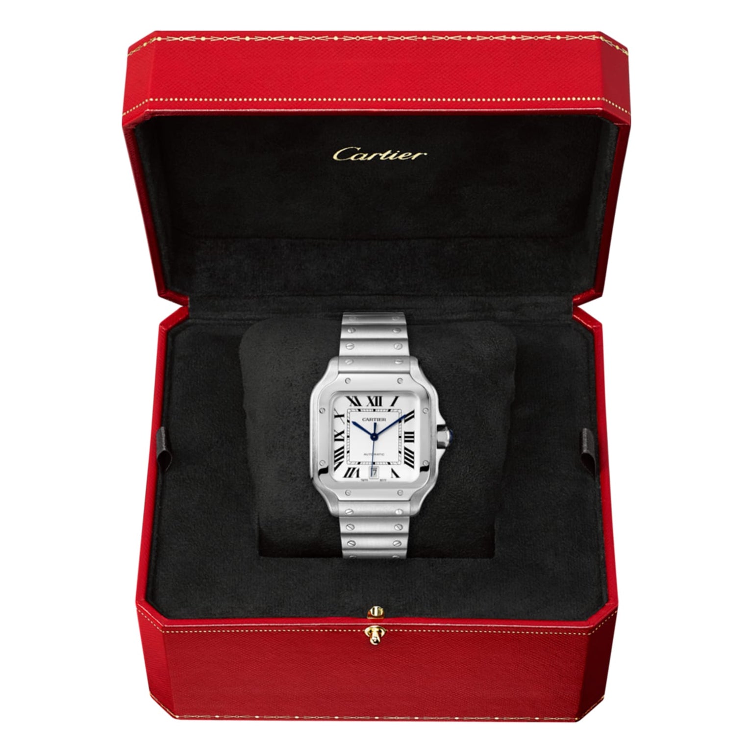 A Santos de Cartier wristwatch by Cartier with a white dial and self-winding mechanical movement is shown in an open red Cartier box lined with black fabric.
