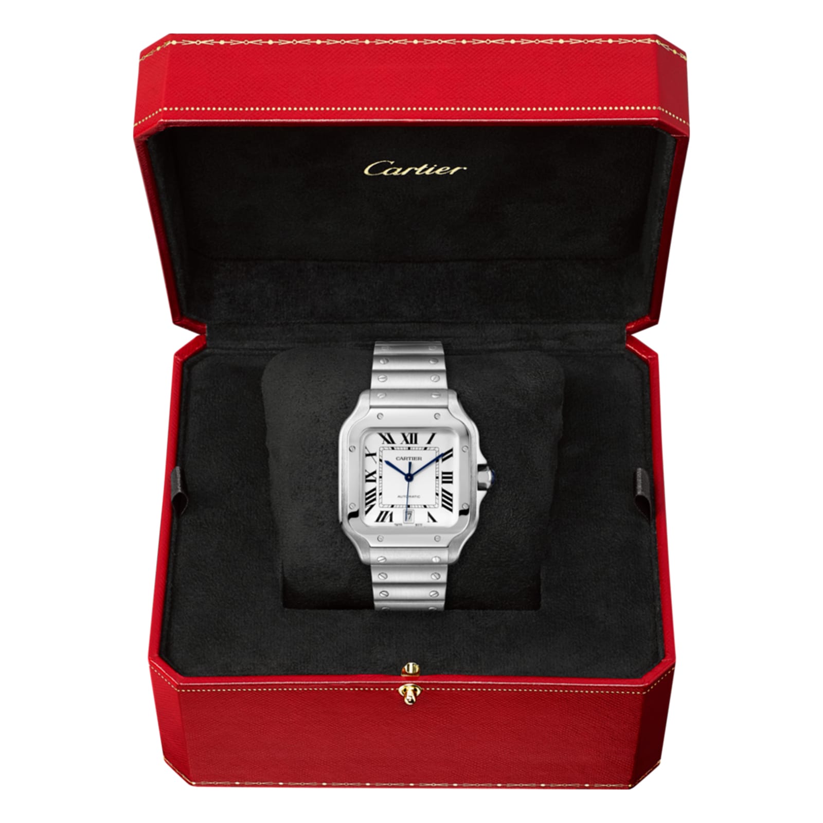 A Santos de Cartier wristwatch by Cartier with a white dial and self-winding mechanical movement is shown in an open red Cartier box lined with black fabric.