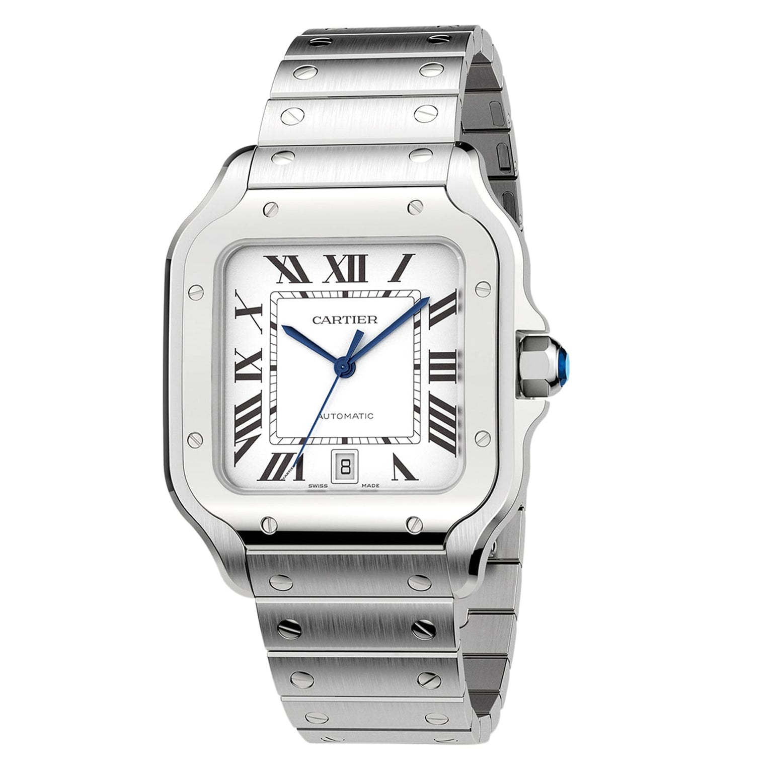The Santos de Cartier by Cartier is a stainless steel wristwatch featuring a square white dial, Roman numerals, blue hands, date display, and a screw-detailed bracelet, inspired by Santos-Dumont and powered by an automatic movement.