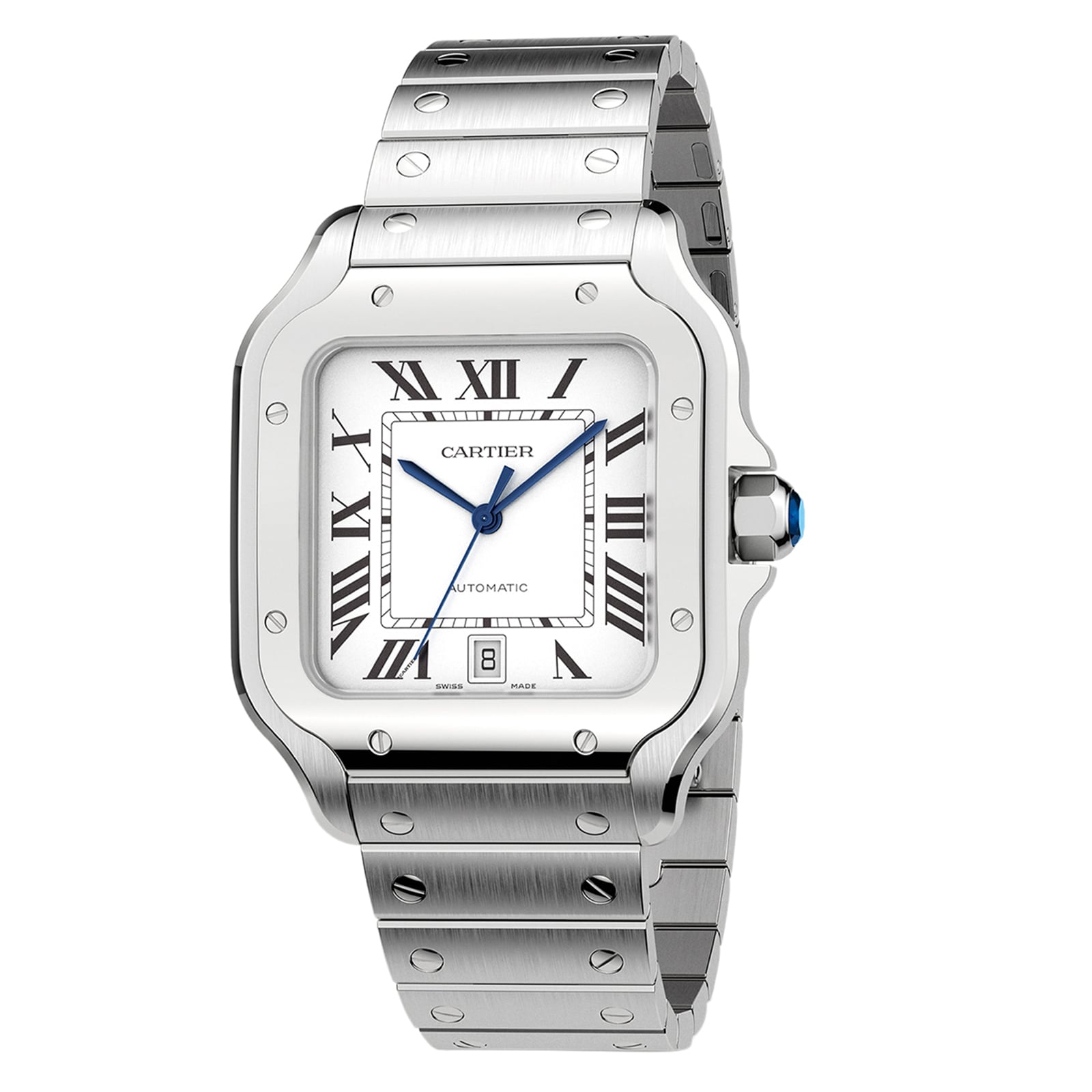 The Santos de Cartier by Cartier is a stainless steel wristwatch featuring a square white dial, Roman numerals, blue hands, date display, and a screw-detailed bracelet, inspired by Santos-Dumont and powered by an automatic movement.