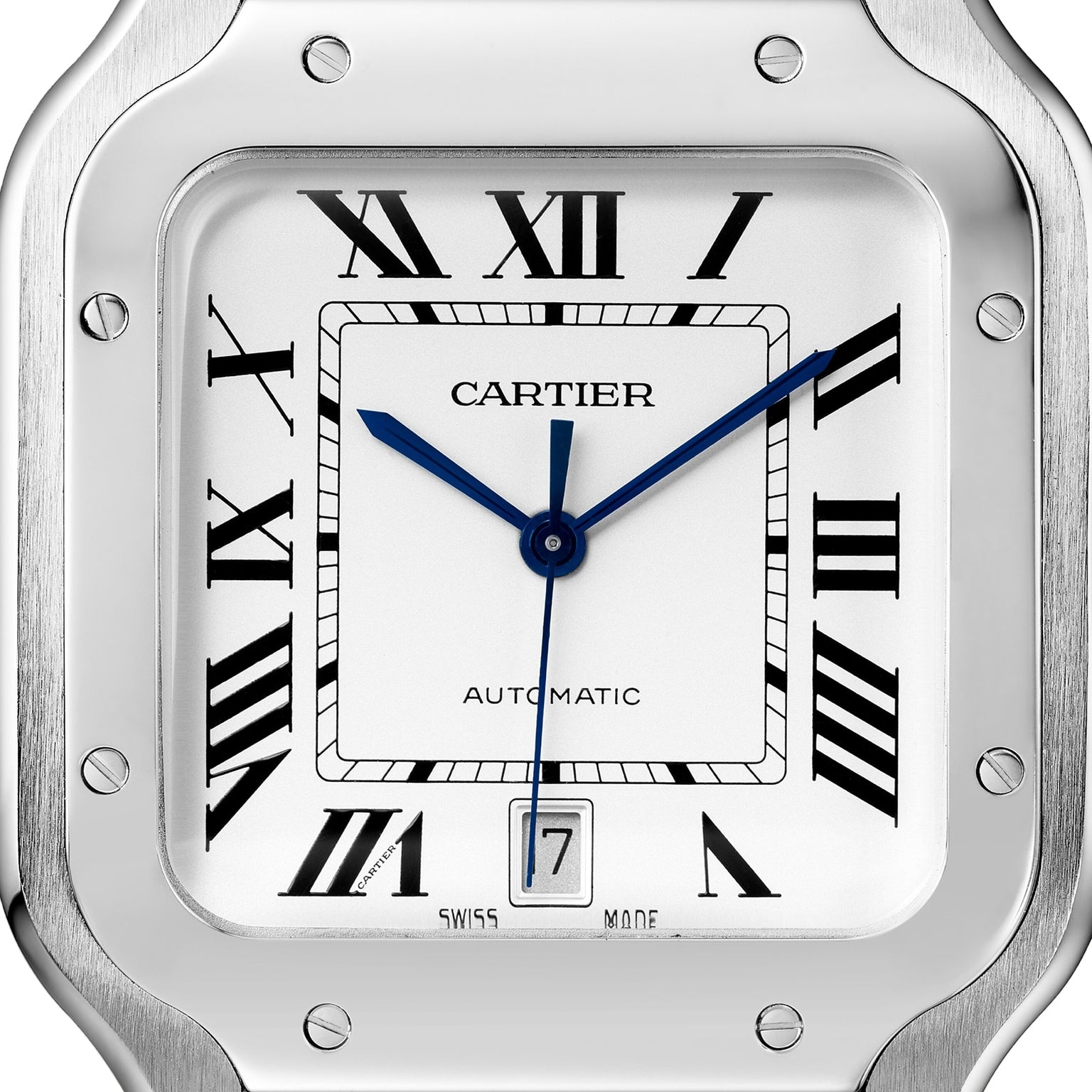 Close-up of the Cartier Santos de Cartier watch face, featuring Roman numeral hour markers, blue hands, and a date window at 6 o’clock with the number 7, powered by a self-winding mechanical movement.