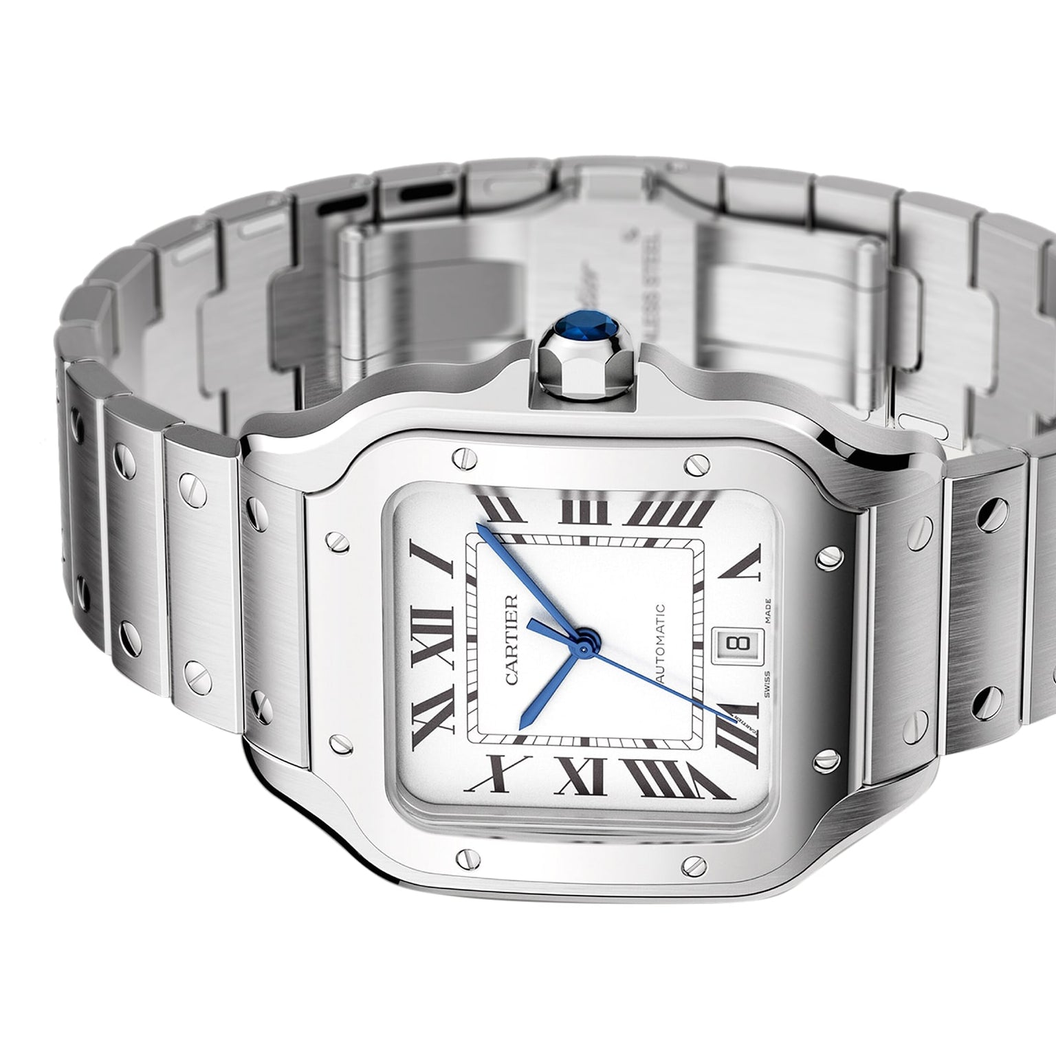 The Cartier Santos de Cartier is a stainless steel wristwatch featuring Roman numerals, blue hands, a date window at 3 o’clock, a blue cabochon crown, and a self-winding mechanical movement.