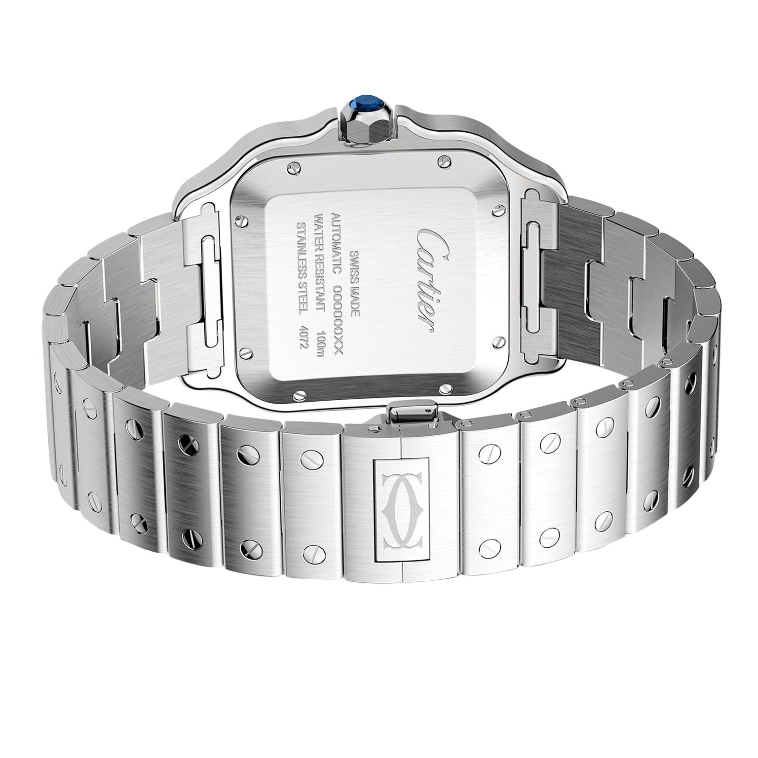 Back view of the Cartier Santos de Cartier wristwatch in stainless steel, featuring an engraved case, metal bracelet, signature blue crown, and a self-winding mechanical movement.