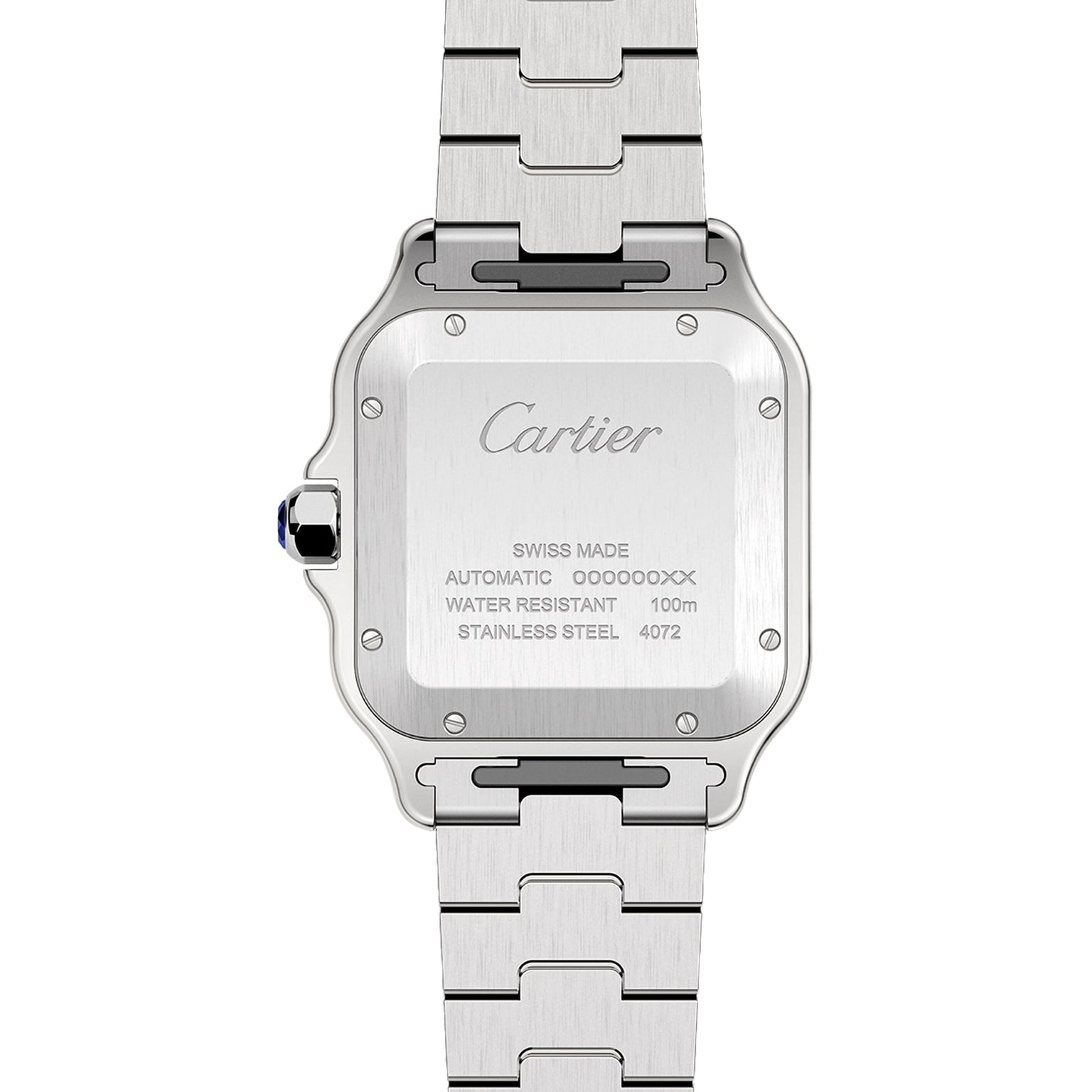 Back view of the Santos de Cartier watch by Cartier, featuring engraved details: brand, Swiss Made, self-winding mechanical movement, 100m water resistance, and model number 4072.