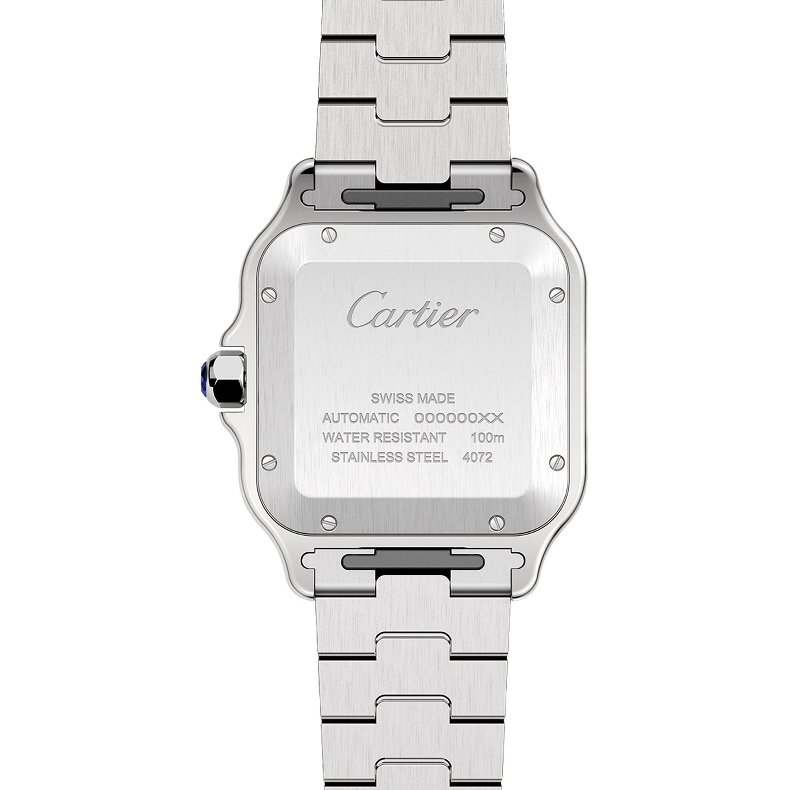 Back view of the Santos de Cartier watch by Cartier, featuring engraved details: brand, Swiss Made, self-winding mechanical movement, 100m water resistance, and model number 4072.